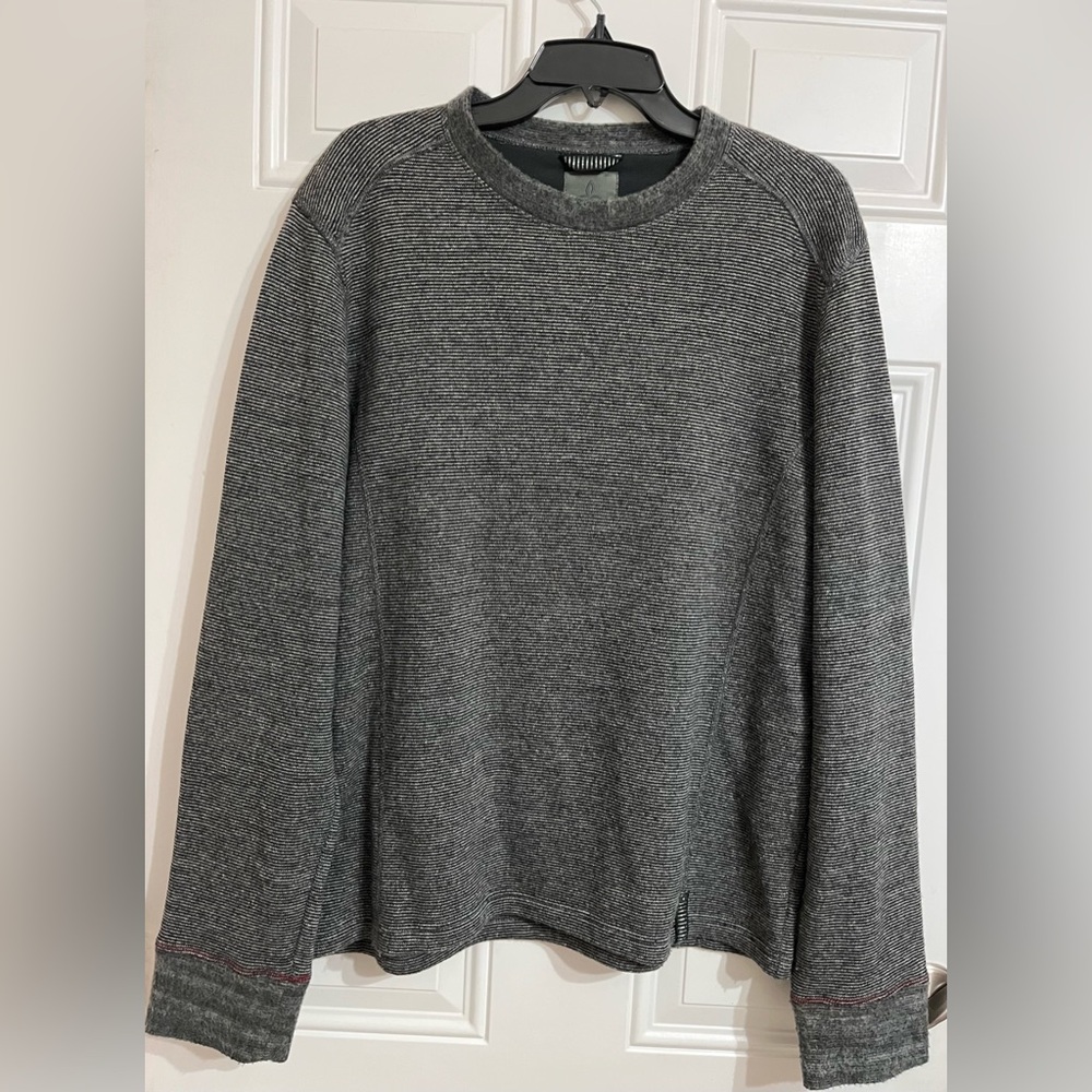 PrAna Sweater Men’s L Wool‎ Blend Gray Stripe Crew Fleece Lined Knit Pullover